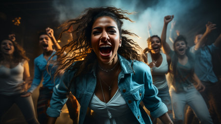 A young Caucasian woman is dancing at a concert having a good time at an open air venue in the night.の素材