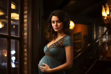 Portrait of a beautiful pregnant woman in a blue dress in the interiorの素材