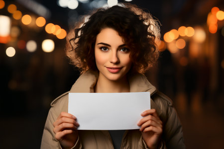 Young woman holding blank sheet of paper in the city at night.の素材
