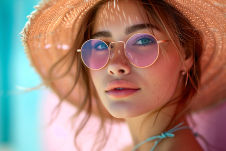 Close-up portrait of a beautiful girl in a hat and sunglassesの素材