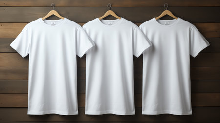 White t-shirt on hangers on wooden background. Mock upの素材
