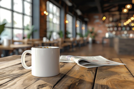 Coffee cup and newspaper on wooden table in coffee shop backgroundの素材