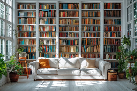 Interior of modern living room with white sofa and bookshelvesの素材