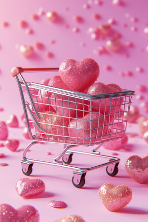 Shopping cart full of pink hearts on pink background. Valentine's day concept.の素材