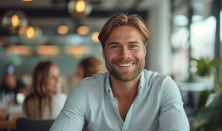 Portrait of handsome young man smiling and looking at camera in cafeの素材