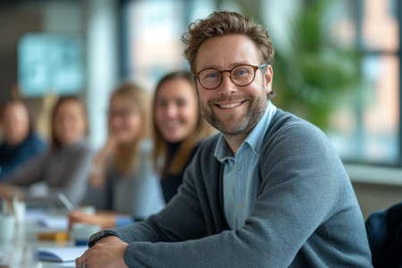 Portrait of a smiling young businessman with colleagues in the background at officeの素材