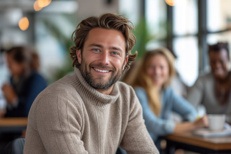 Portrait of smiling young man sitting in coffee shop with colleagues in backgroundの素材
