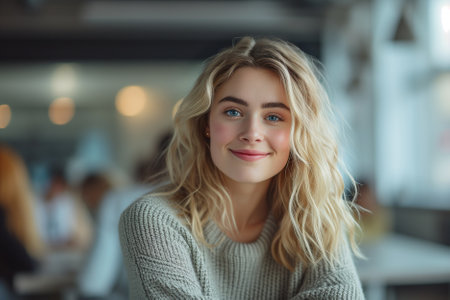 Portrait of a beautiful young woman with blond hair in a cafe.の素材