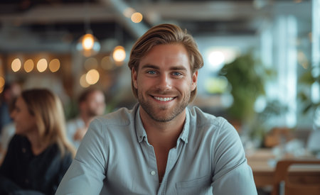 Portrait of handsome young man sitting in cafe and smiling at cameraの素材