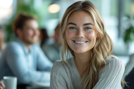 Portrait of beautiful young woman smiling at camera while sitting in cafeの素材