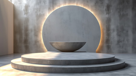 3d render of round podium with golden lights in the dark room. Minimalistic abstract gentle light gray marble, concrete background.の素材