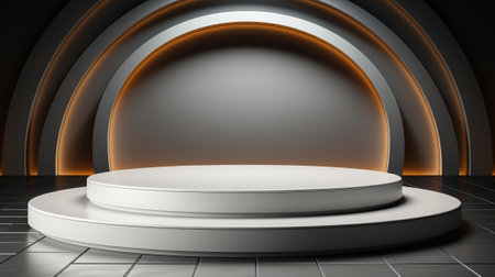 3d render of round podium with golden lights in the dark roomの素材