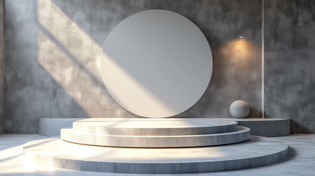 Stone rock podium for display product. Background for product branding, identity and packaging. Gray backdrop with a play of light and shadow on the wall and floor for design or creative work.の素材