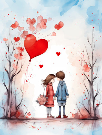 Valentine's day greeting card with little boy and girl in love drawn cartoon, greeting cardの素材