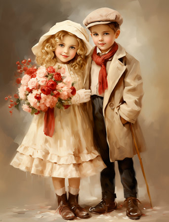 Portrait of a boy and girl in beret with a bouquet of flowers. Valentine's day, wedding greeting card concept couple in loveの素材