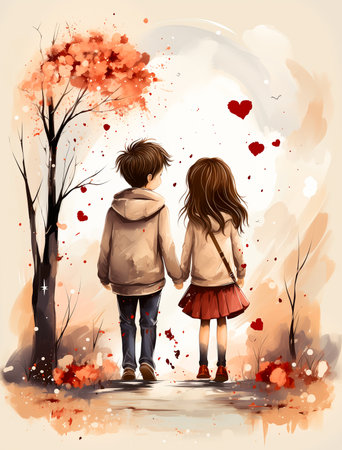 Couple in love walking in the park, watercolor vector illustrationの素材