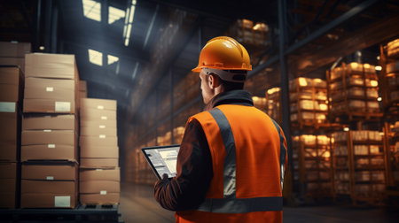Professional worker wearing safety vest and hard hat looking information the tablet. In the background big warehouse with shelves full of delivery goods.の写真素材