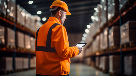 Professional worker wearing safety vest and hard hat looking information the tablet. In the background big warehouse with shelves full of delivery goods.の写真素材