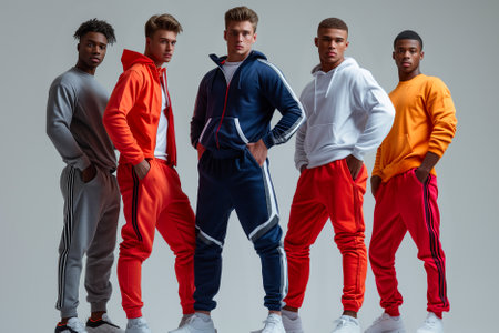 Group of multiethnic young men in sportswear posing on grey backgroundの素材