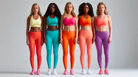 Group of women in sportswear posing on a studio background.の素材
