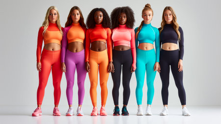 Group of multiethnic women in sportswear posing in studioの素材