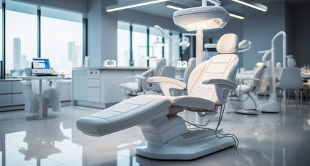 Contemporary Unoccupied Dental Chair in a White Dental Clinic. Close-up. Selective Focus.の素材