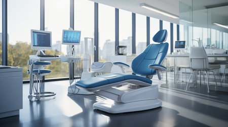 Bright and Clean Dental Office with an Unoccupied Modern Dental Chair. Close-up. Selective Focus.の素材