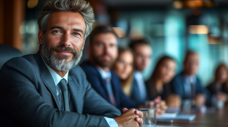 Portrait of mature businessman sitting at conference room with colleagues in backgroundの素材