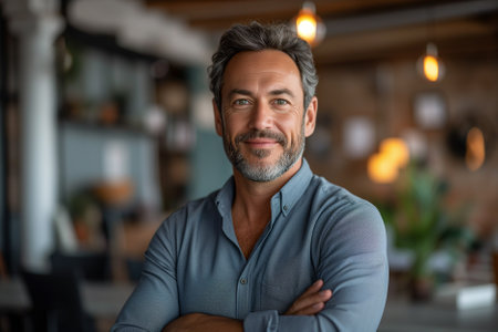 Portrait of confident mature businessman standing with arms crossed in coffeeshopの素材