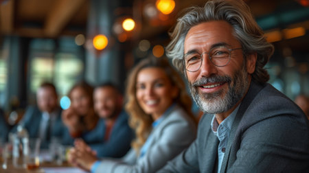 Portrait of smiling senior businessman sitting at table with colleagues in backgroundの素材
