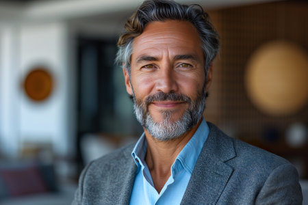Portrait of a handsome mature man with grey hair and beard standing in an office buildingの素材
