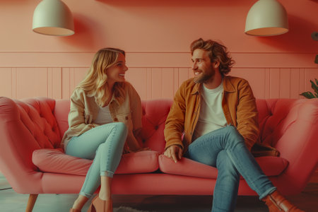 Young Couple Sitting on Sofa in Living Room. Happy Smiling Man and Woman Sitting on Sofa in Living Room.の素材