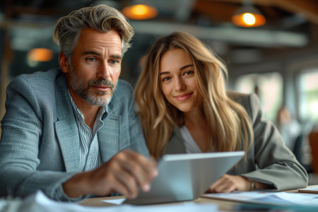 Male and female colleagues looking at tablet PC. Business people are working at desk. Image of two colleagues discussing about new project. Successful business couple talking and uの素材