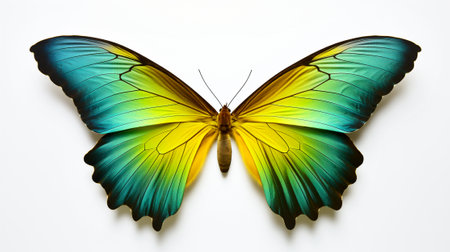 Blue and yellow butterfly with shadow isolated on white background, 3D illustrationの素材