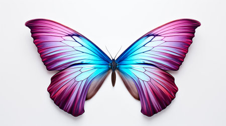 Beautiful colorful bright multicolored tropical butterflies with wings spread in flight isolated on white background, closeup macro.の素材