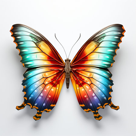 Tropical elegant butterfly with colorful wings and antennae on white background. Pretty flying moth top view. Gorgeous exotic spring insect. Colored flat textured. Generative Aiの素材
