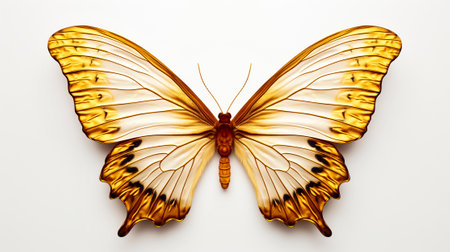 Tropical elegant butterfly with colorful wings and antennae on white background. Pretty flying moth top view. Gorgeous exotic spring insect. Colored flat textured. Generative Aiの素材