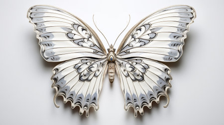Tropical elegant butterfly with colorful wings and antennae on white background. Pretty flying moth top view. Gorgeous exotic spring insect. Colored flat texturedの素材