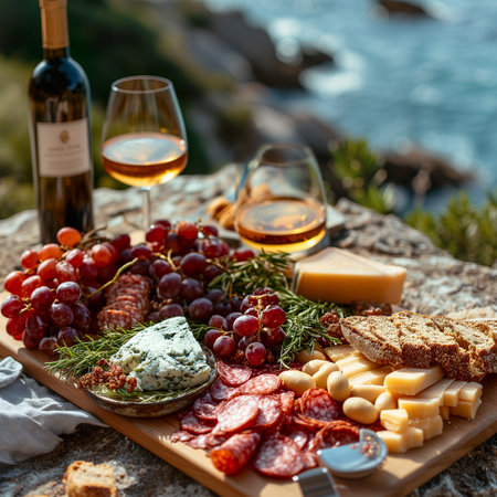 Antipasto platter with prosciutto crudo or jamon, salami, olives and white wine on a wooden board on the background of the seaの素材