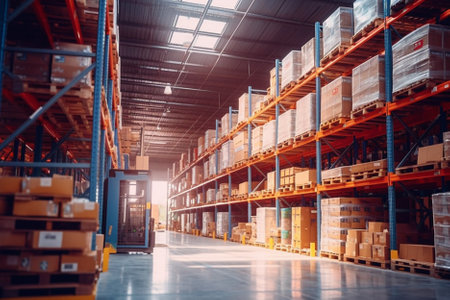Retail warehouse full of shelves with goods in cartons, with pallets and forklifts. Logistics and transportation blurred background. Product distribution center.の素材