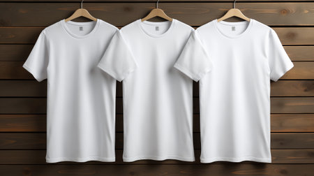White t-shirt on hangers on wooden background. Mock upの素材