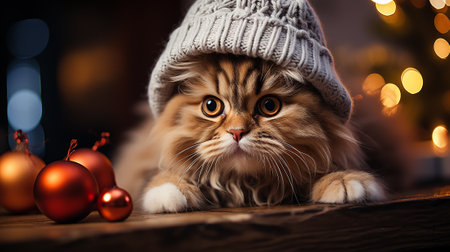 Delightful Kitty in a New Year's Hat on a Festive Background. Holiday concept of joy and happiness. Selective focus. Close-up.の素材