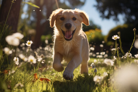 Golden Retriever dog running in the grass with daisiesの素材