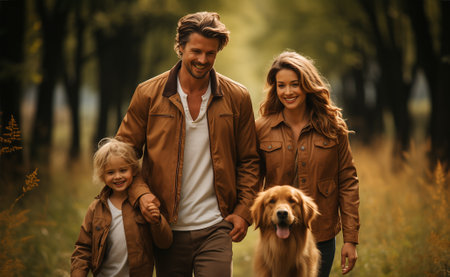 Happy family with dog in autumn park. Mother, father and daughter having fun outdoors.の素材