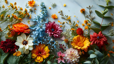 Flowers composition on the water surface, garden floral, spring background, top viewの素材
