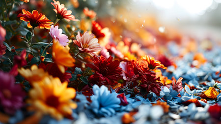 Beautiful background blue and red flowers, nature petals, toning design spring nature, sun plantsの素材