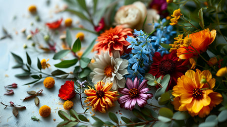 Flat lay of fresh flowers on white backgroundの素材