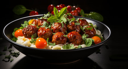 Delectable Delight, Realistic Spaghetti Pasta with Meatballs and Tomato Sauce, Promoting Tasty, Healthy Food. Selective focus. Close-up.の素材