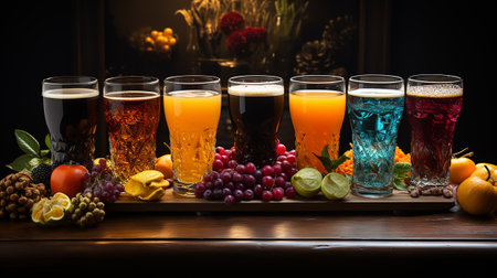 Photo of a realistic cocktails in a bar on a rustic table. The concept of tasty food. Selective focus. Close-up.の素材