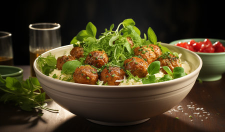 Photo of a realistic spaghetti pasta with meatballs and tomato sauce. The concept of tasty and healthy food. Selective focus. Close-up.の素材
